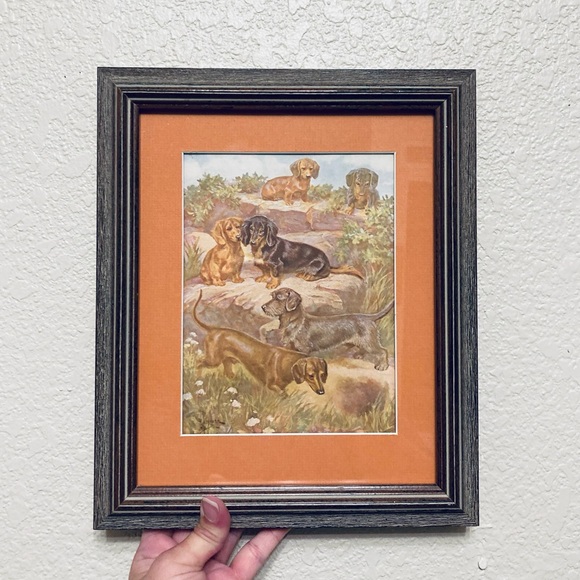 Vtg Long Haired Dachshund Weenie Dog Art Print Framed nature scene wall art - Picture 3 of 6